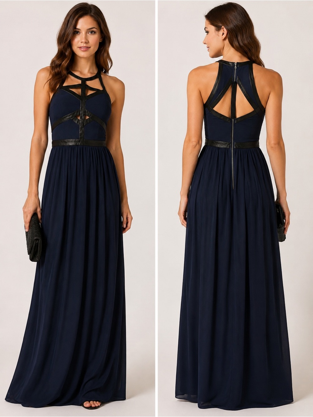 Rebecca Taylor Silk & Lamb Leather Trim Maxi Dress Blue Size 4 Sleeveless Halter